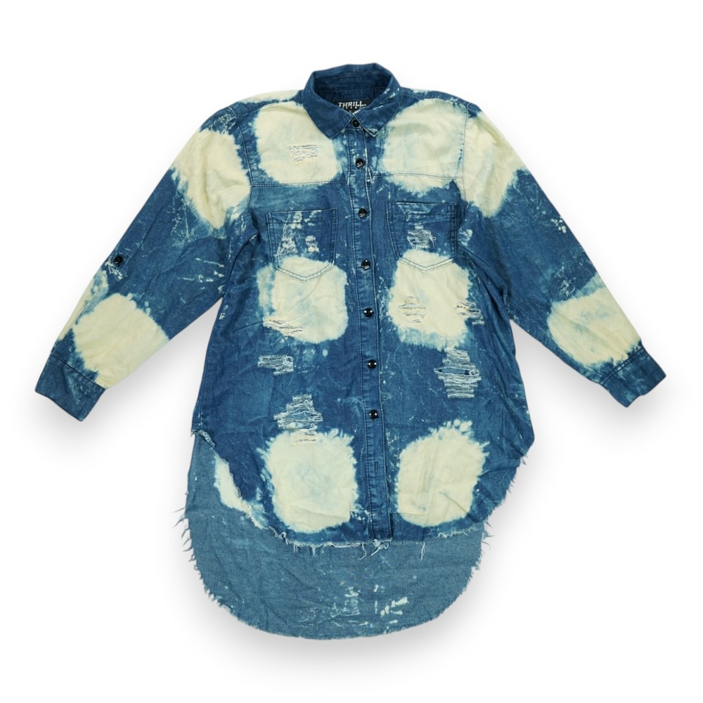 Thrill Jeans Womens High Low Distressed Button Down Denim Shirt Top XL Blue